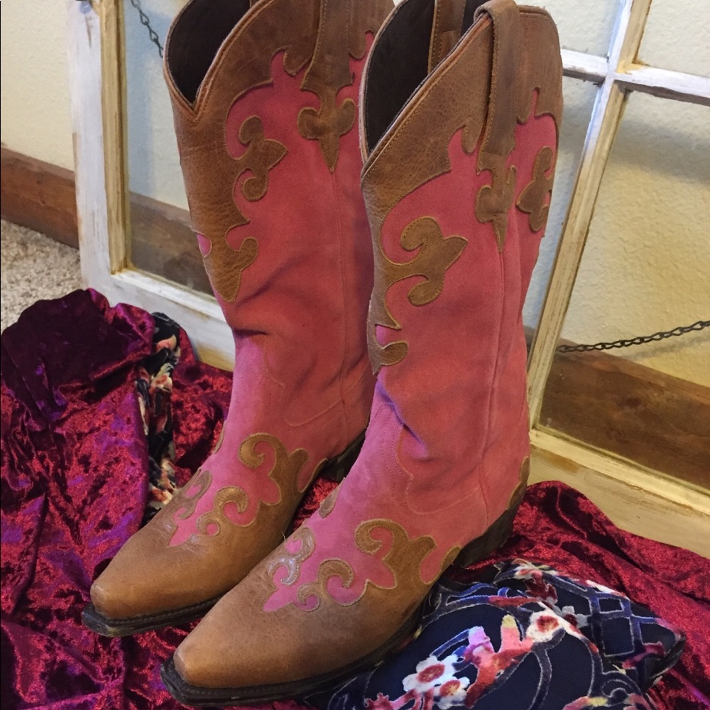 Pink and tan cowboy boots